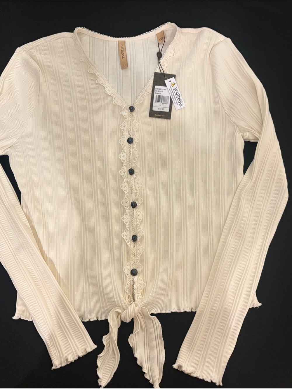 Light Cream Lace-Trim Tie-Front Ribbed Top